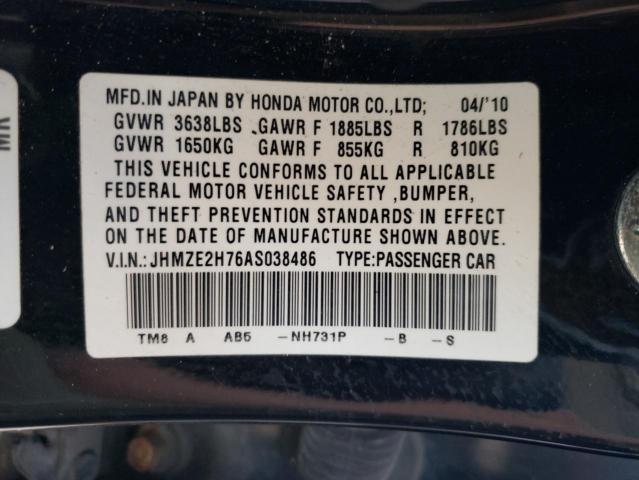 2010 Honda Insight Ex VIN: JHMZE2H76AS038486 Lot: 57448264