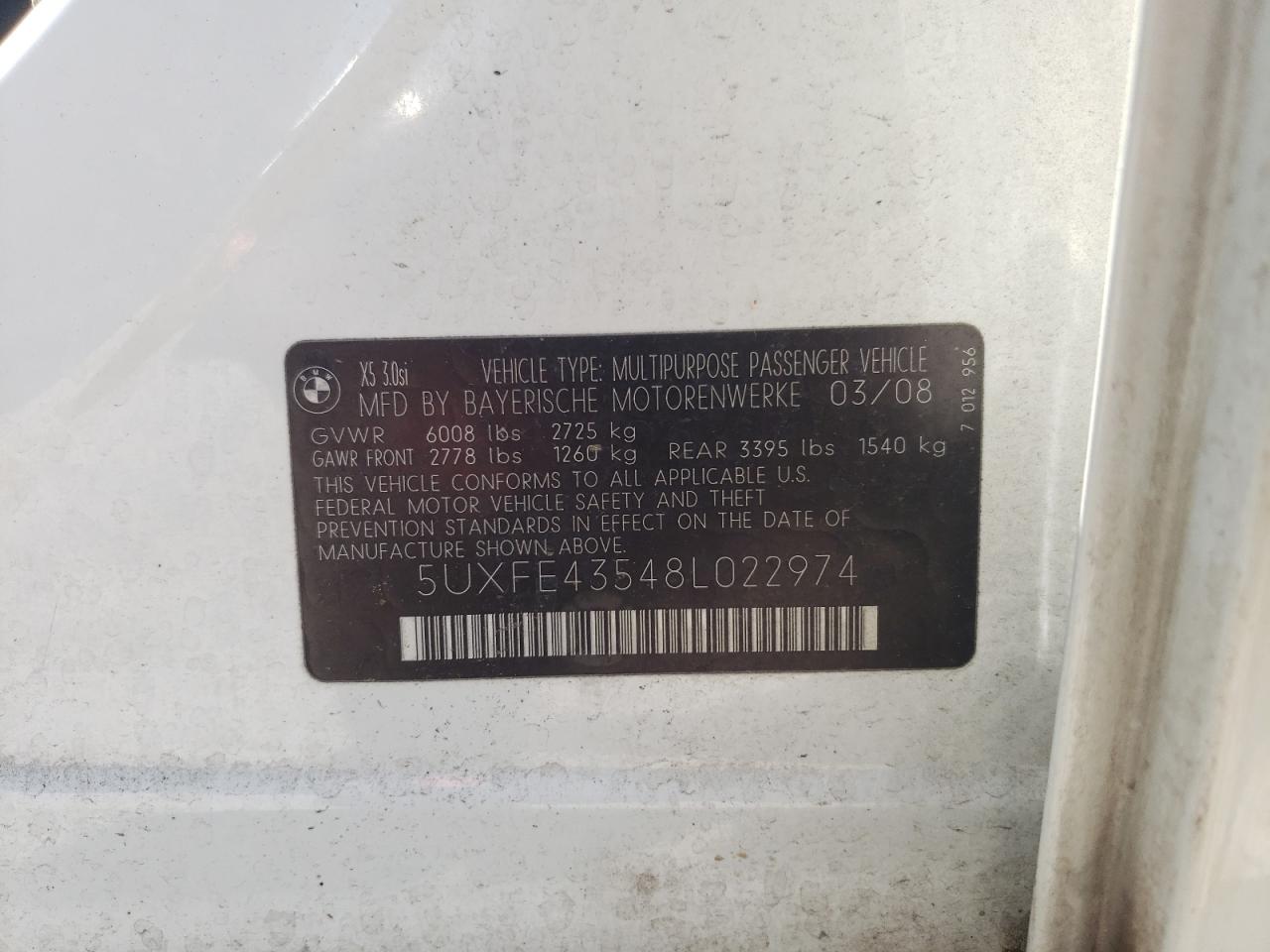 5UXFE43548L022974 2008 BMW X5 3.0I