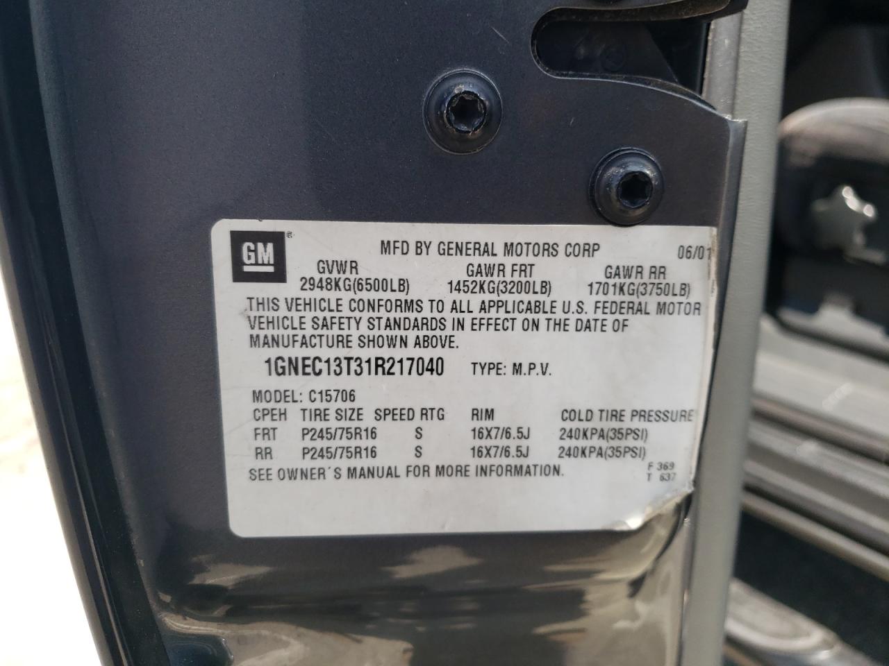 1GNEC13T31R217040 2001 Chevrolet Tahoe C1500