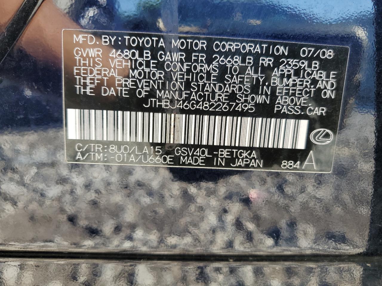 JTHBJ46G482267495 2008 Lexus Es 350