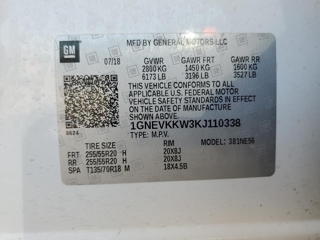 1GNEVKKW3KJ110338 2019 Chevrolet Traverse Premier