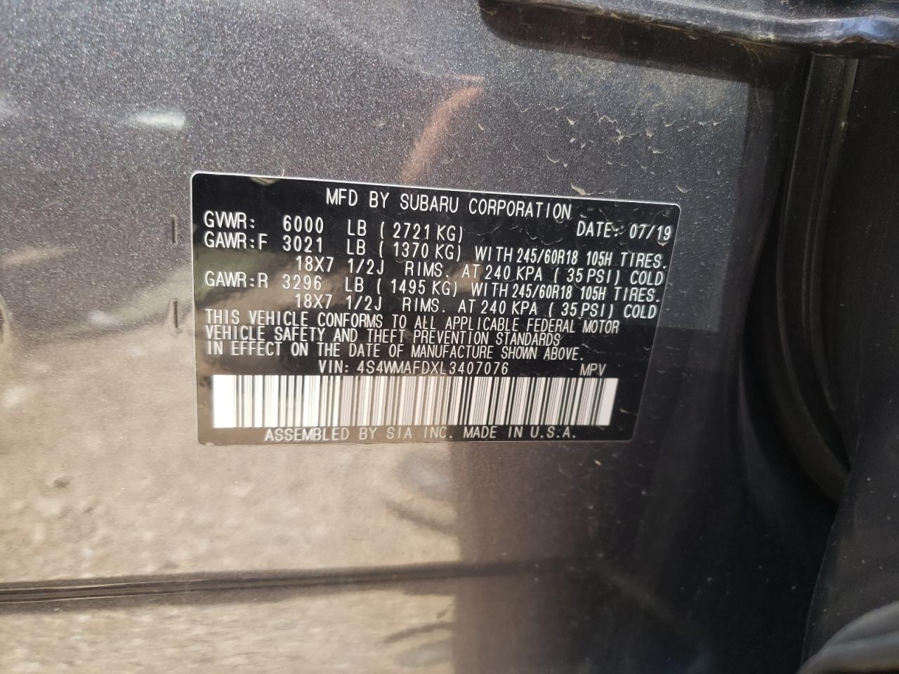 4S4WMAFDXL3407076 2020 Subaru Ascent Premium