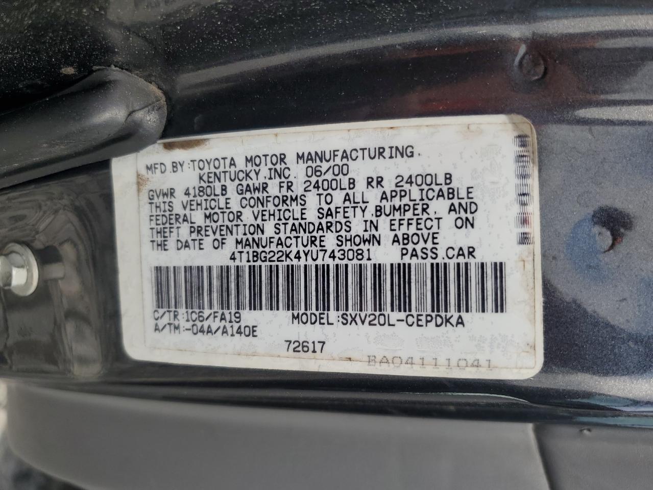4T1BG22K4YU743081 2000 Toyota Camry Ce