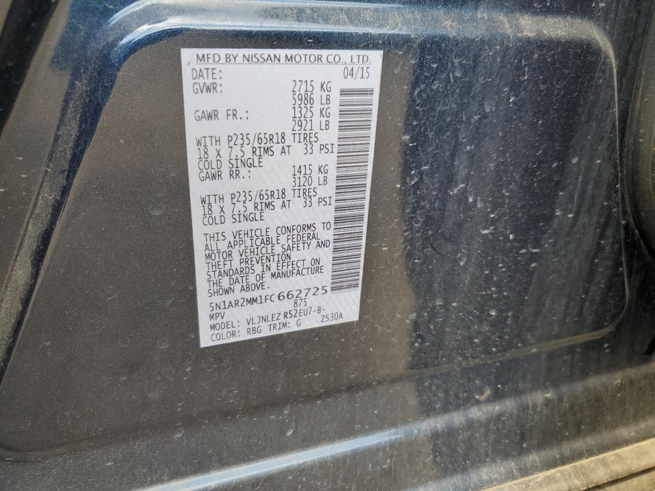 5N1AR2MM1FC662725 2015 Nissan Pathfinder S