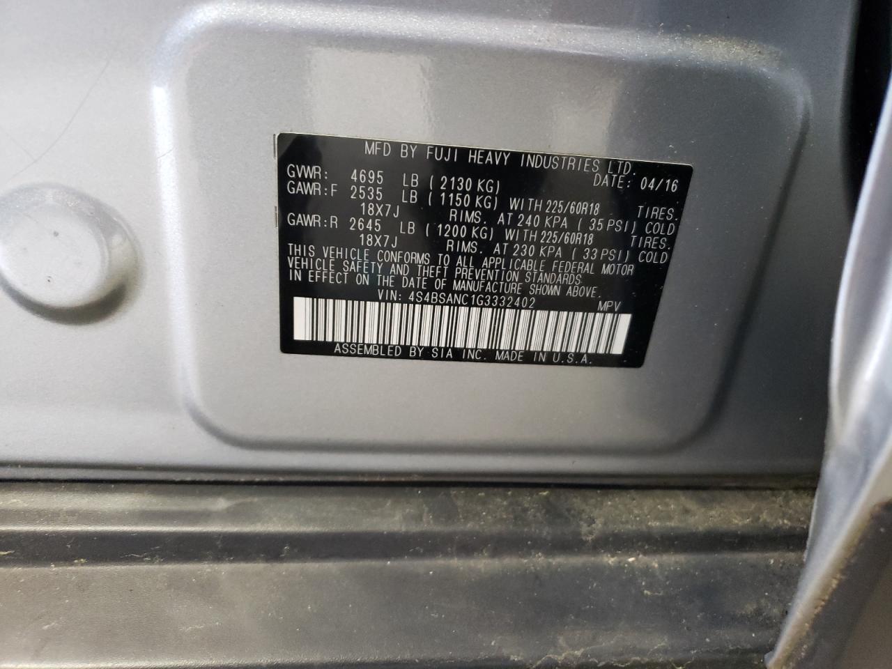 4S4BSANC1G3332402 2016 Subaru Outback 2.5I Limited