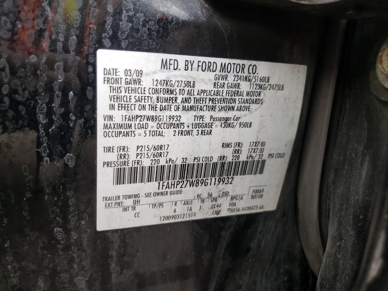 1FAHP27W89G119932 2009 Ford Taurus Sel