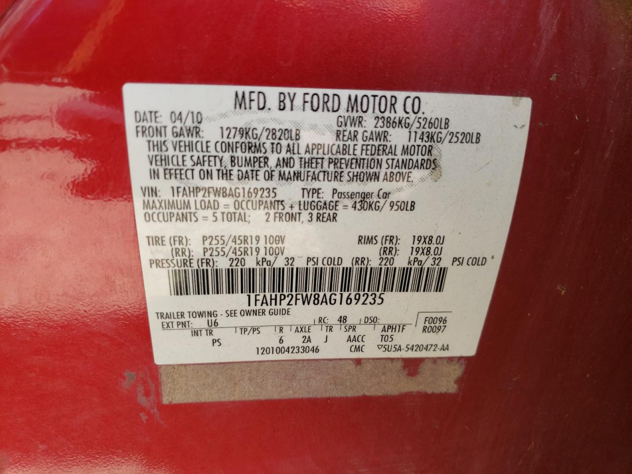 1FAHP2FW8AG169235 2010 Ford Taurus Limited