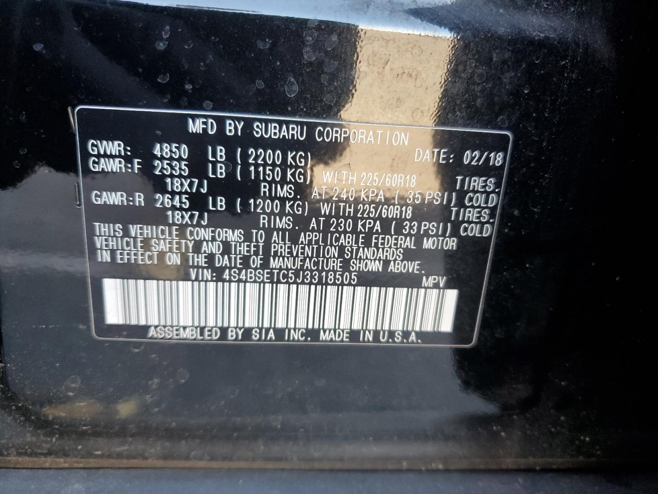 4S4BSETC5J3318505 2018 Subaru Outback Touring