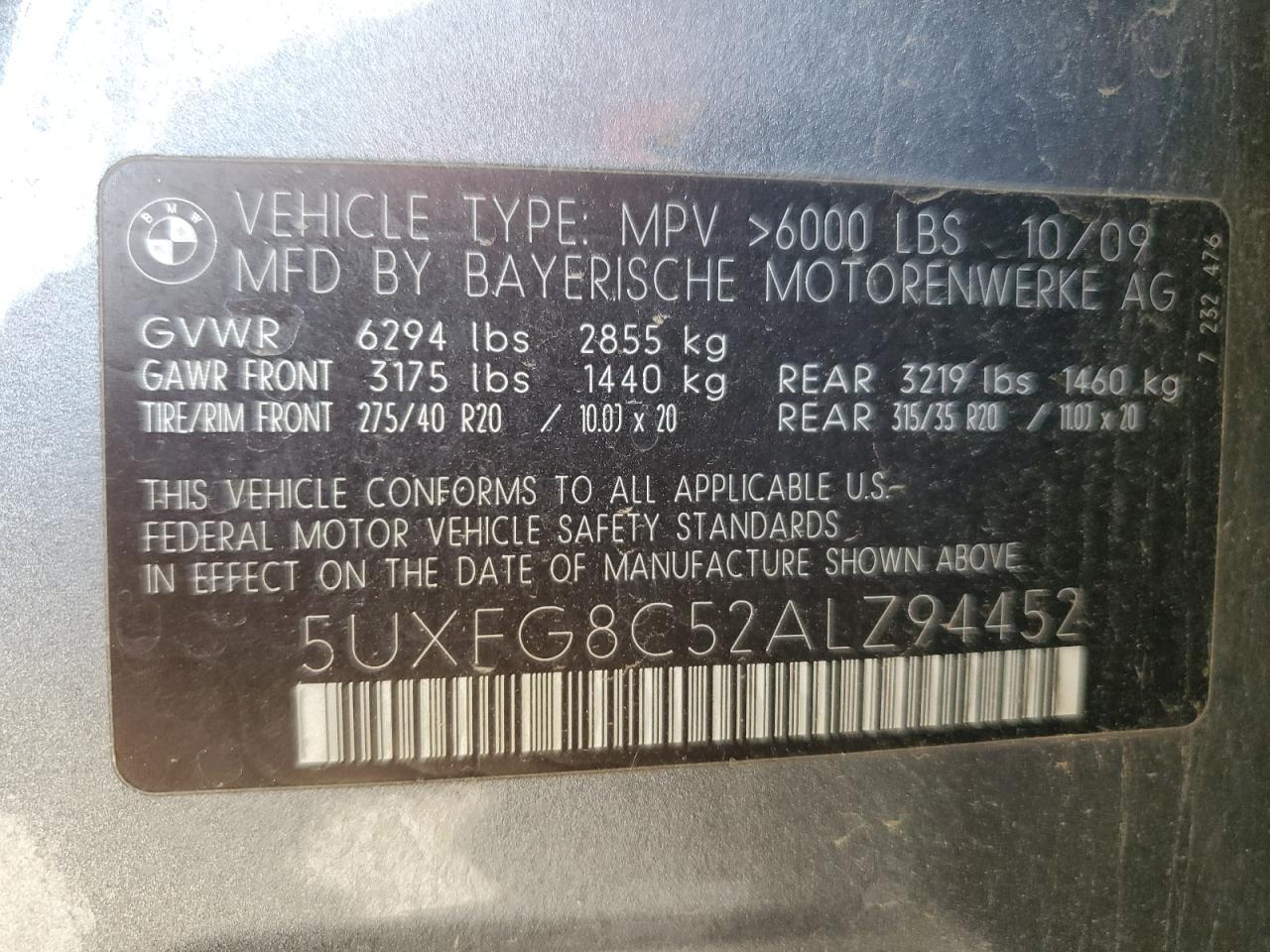 5UXFG8C52ALZ94452 2010 BMW X6 xDrive50I