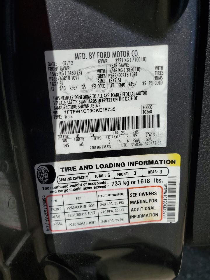 1FTFW1CT9CKE15735 2012 Ford F150 Supercrew