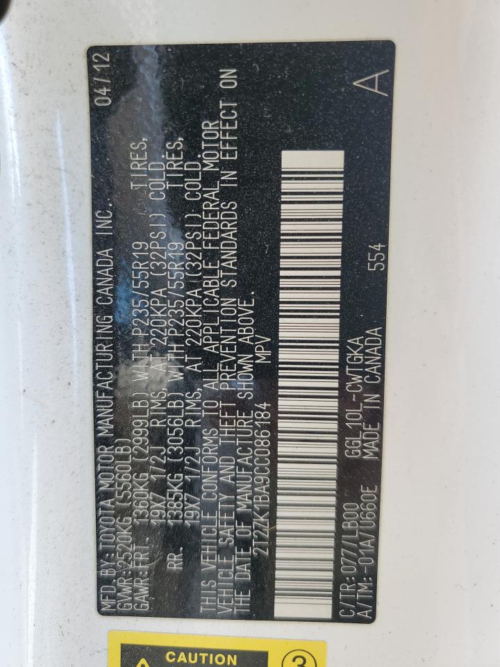 2T2ZK1BA9CC086184 2012 Lexus Rx 350