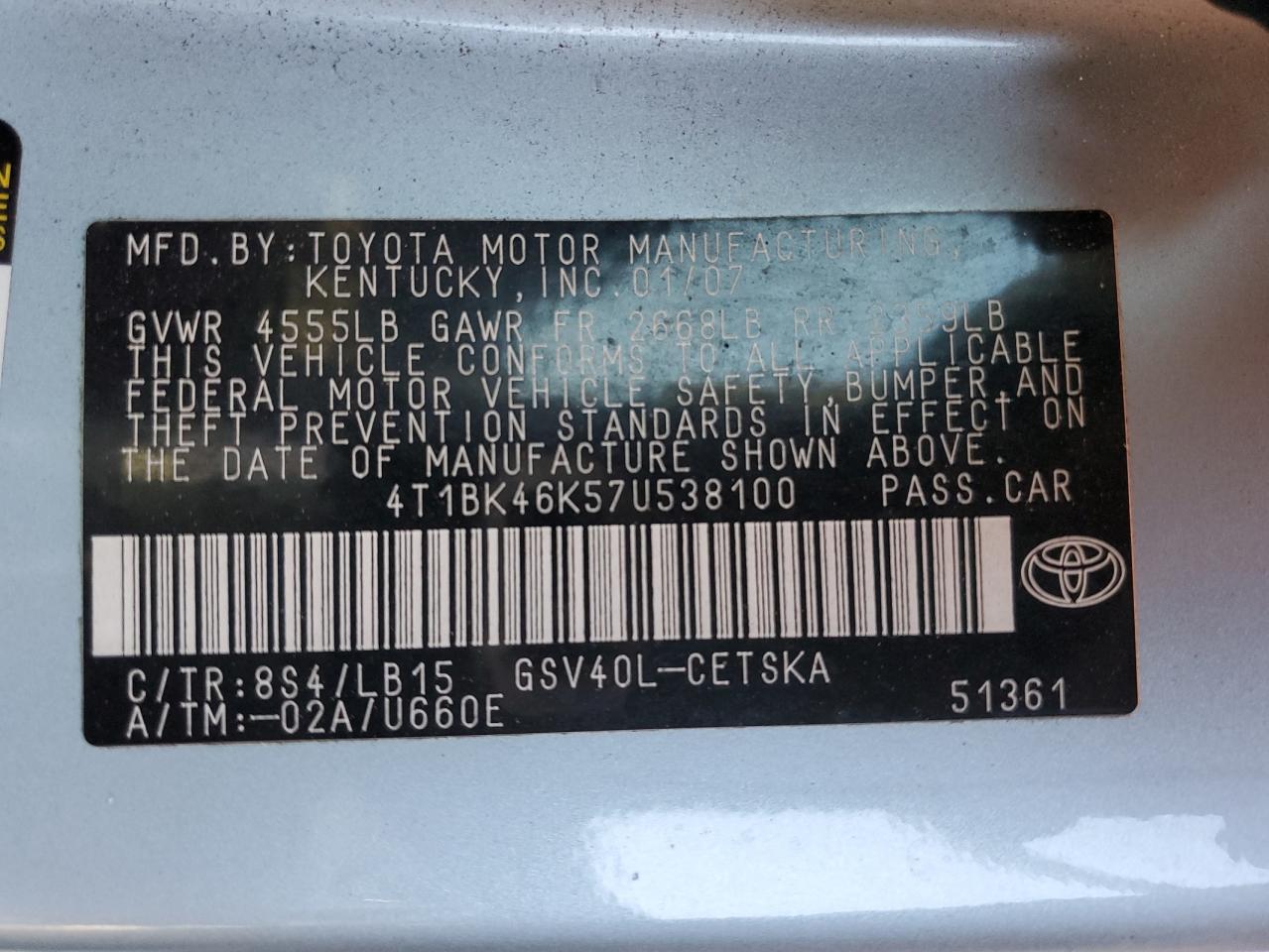 4T1BK46K57U538100 2007 Toyota Camry Le