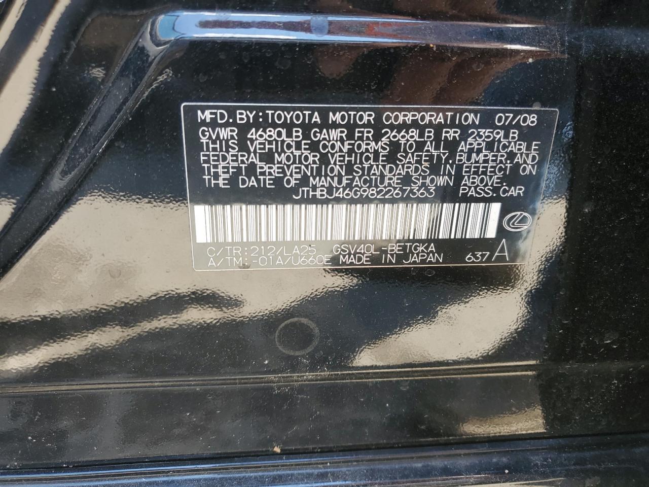 JTHBJ46G982267363 2008 Lexus Es 350