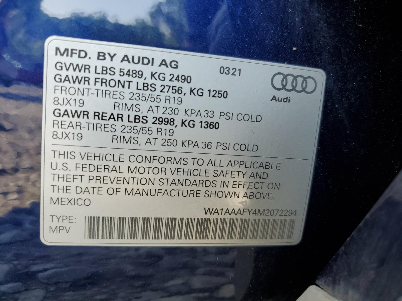 WA1AAAFY4M2072294 2021 Audi Q5 Premium