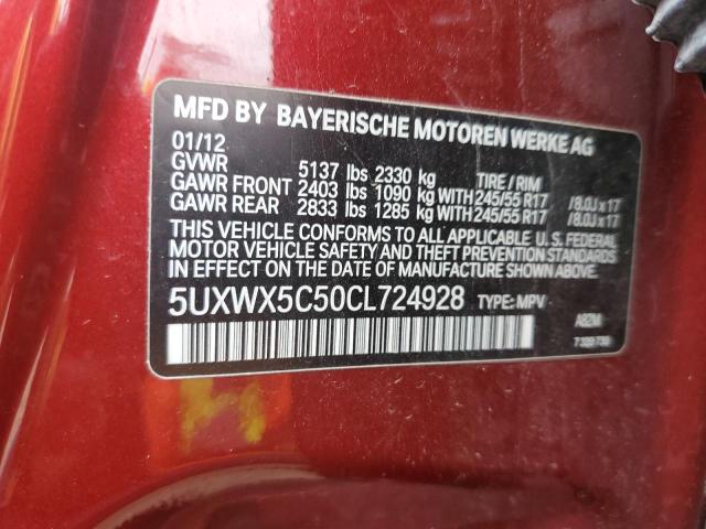 2012 BMW X3 xDrive28I VIN: 5UXWX5C50CL724928 Lot: 57447134