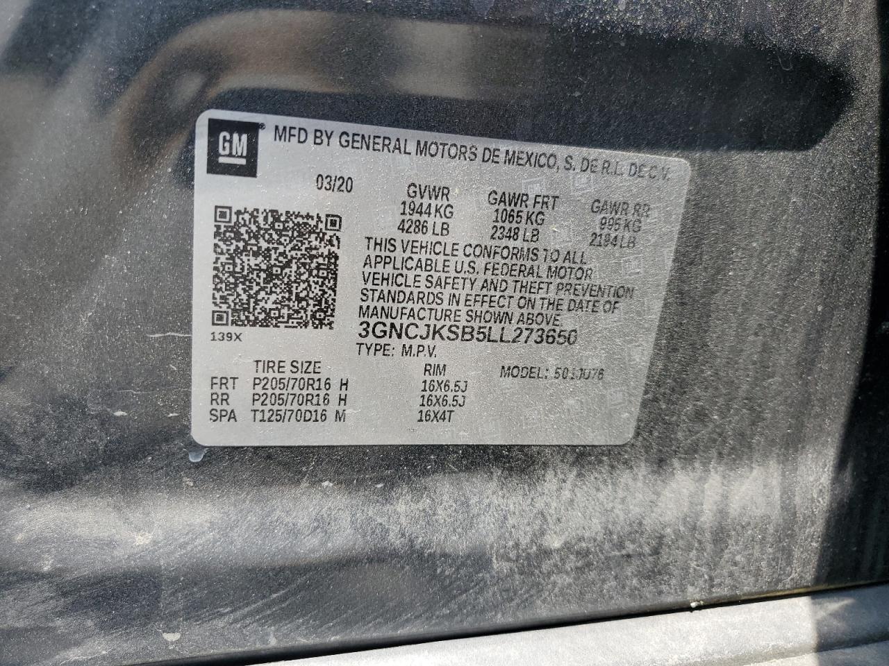 3GNCJKSB5LL273650 2020 Chevrolet Trax Ls