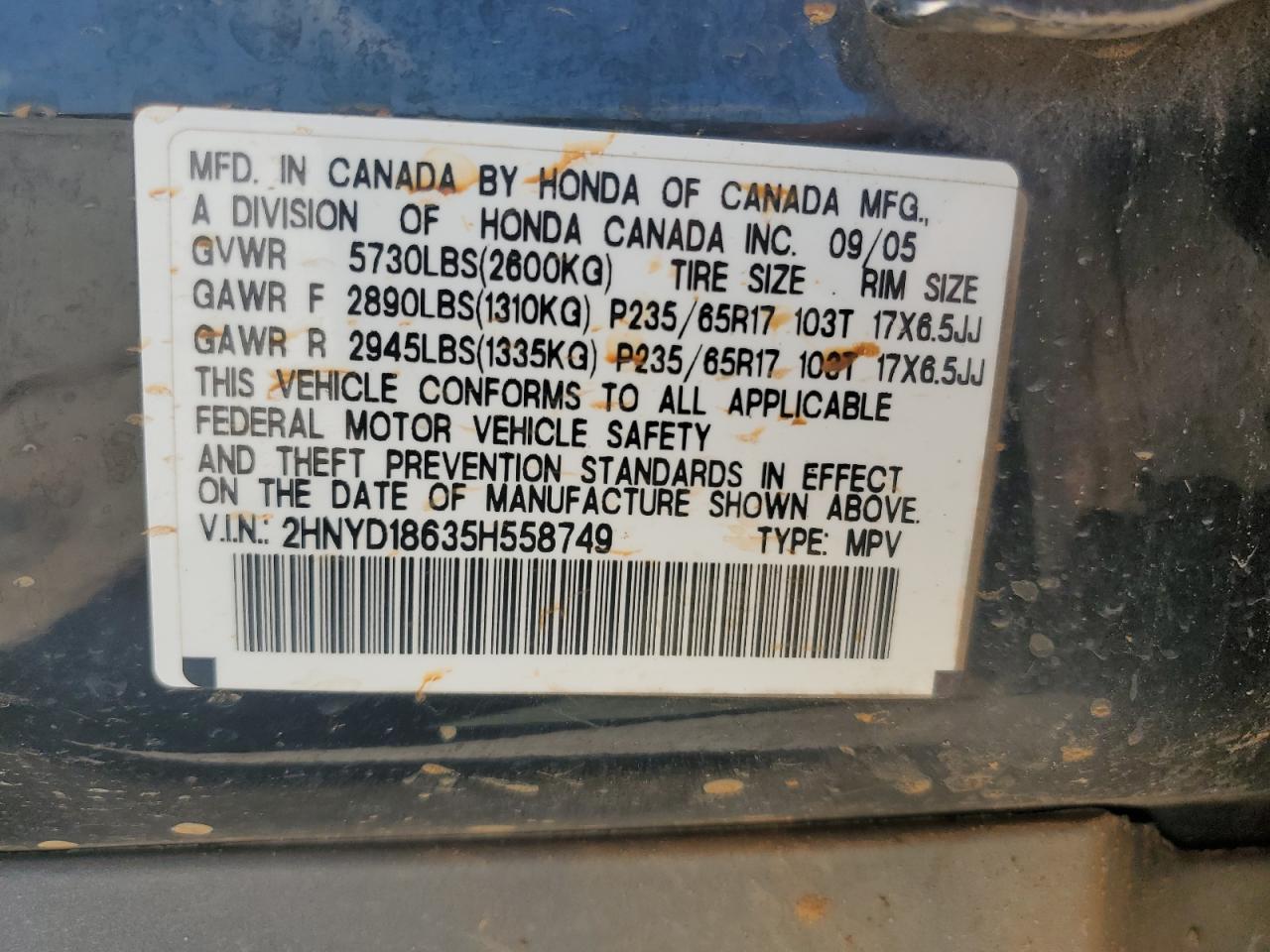 2HNYD18635H558749 2005 Acura Mdx Touring