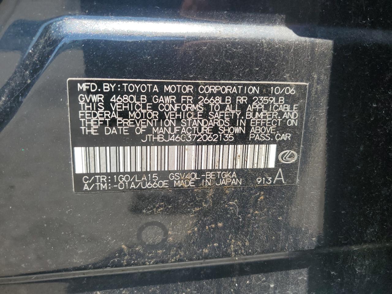 JTHBJ46G372062135 2007 Lexus Es 350