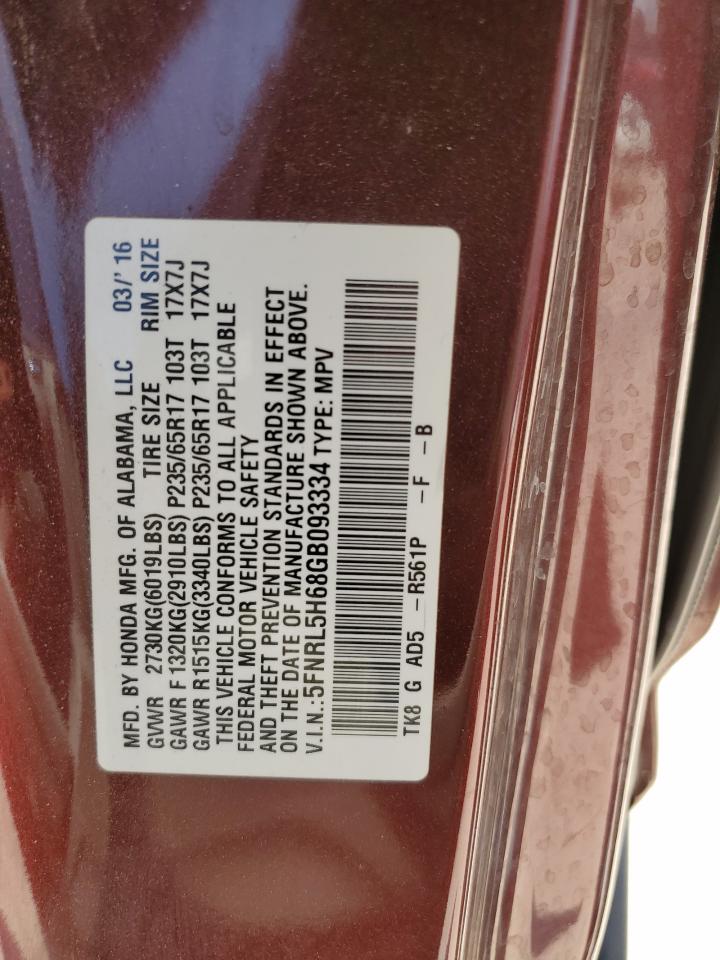 5FNRL5H68GB093334 2016 Honda Odyssey Exl