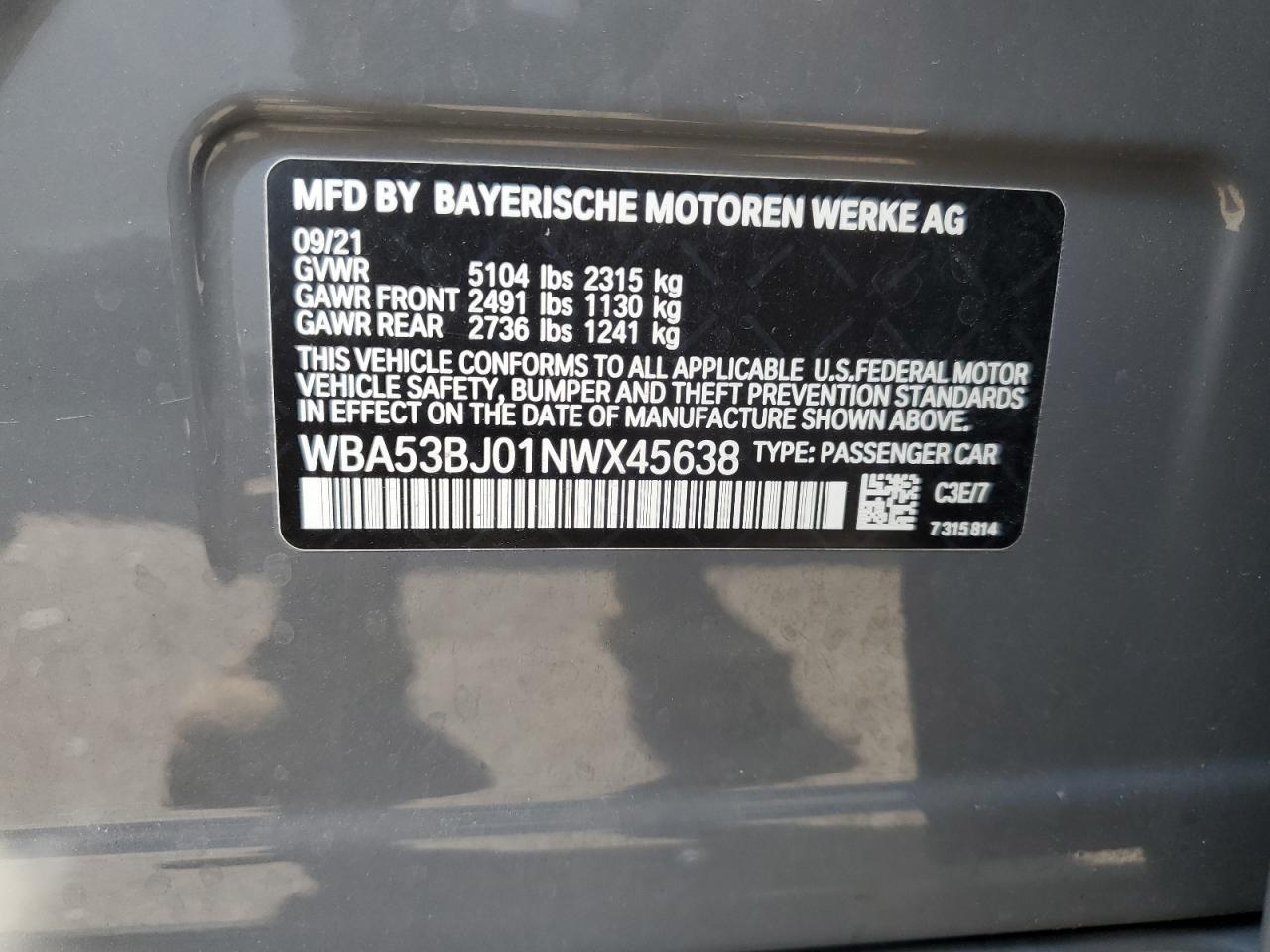 WBA53BJ01NWX45638 2022 BMW 540 I