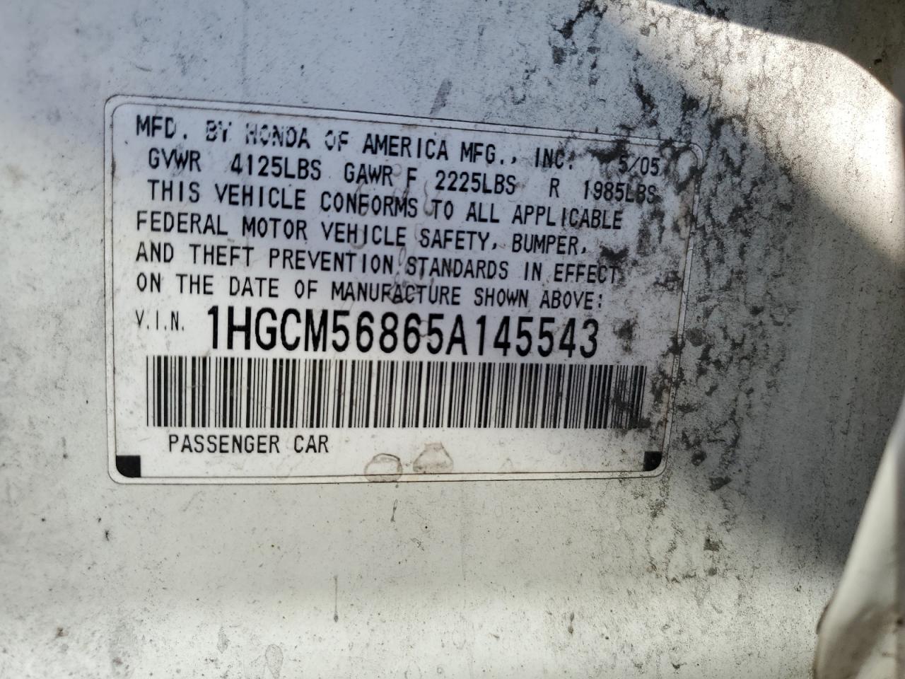 1HGCM56865A145543 2005 Honda Accord Ex