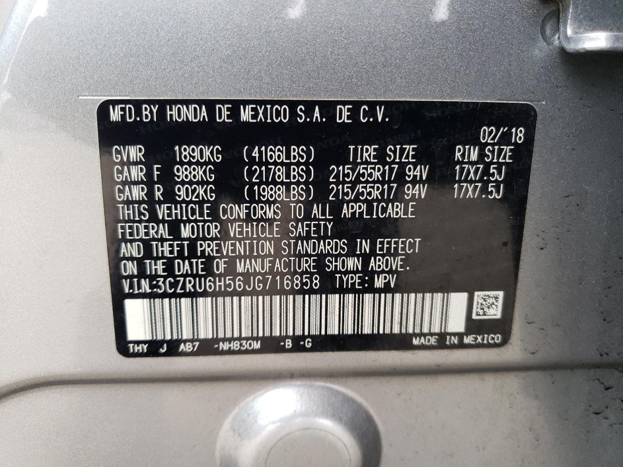 3CZRU6H56JG716858 2018 Honda Hr-V Ex