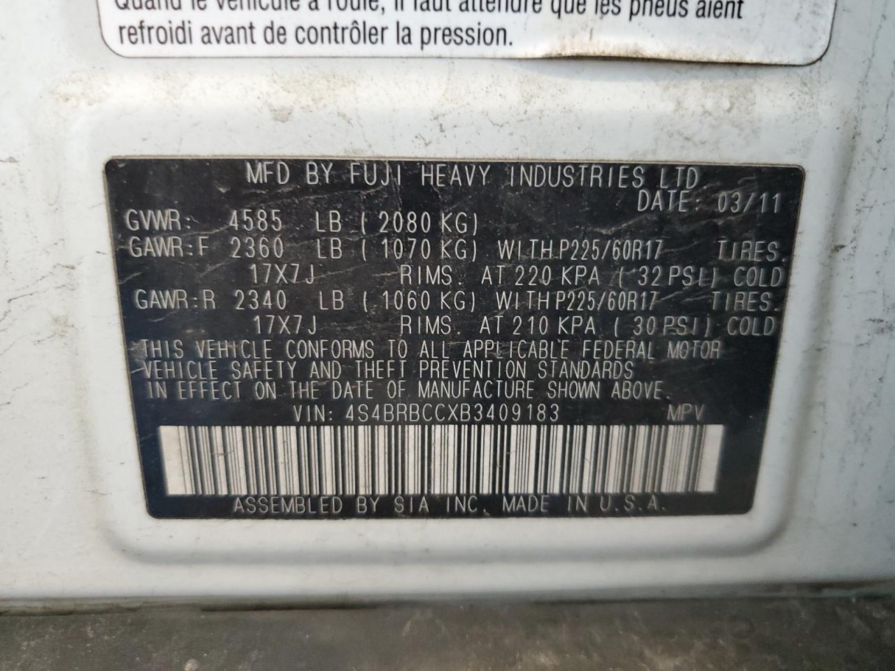 4S4BRBCCXB3409183 2011 Subaru Outback 2.5I Premium