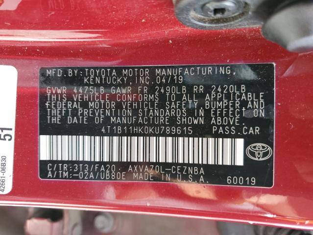 VIN 4T1B11HK0KU789615 2019 Toyota Camry, L no.13