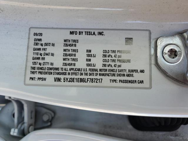 2020 Tesla Model 3 VIN: 5YJ3E1EB6LF787217 Lot: 57841644