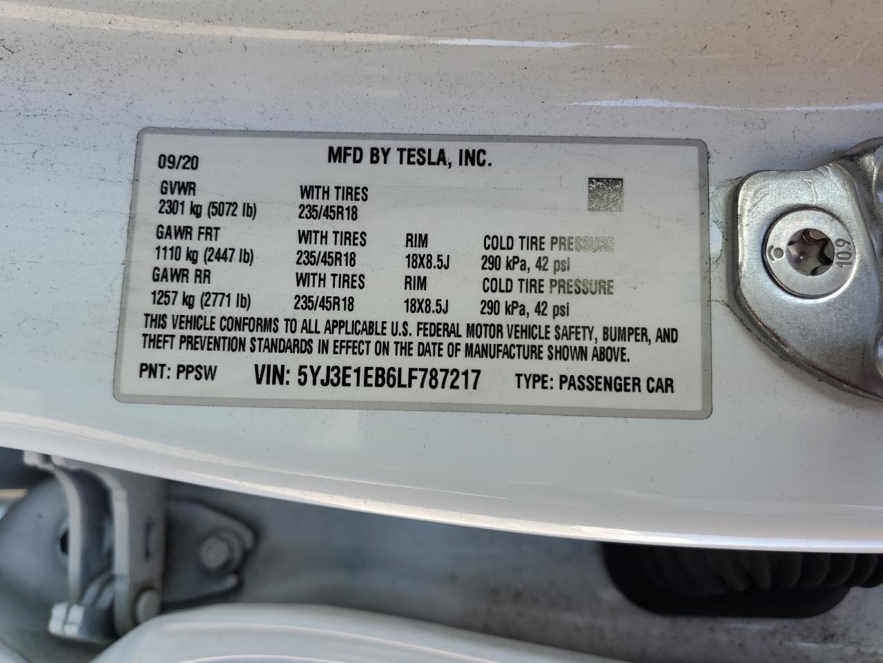 5YJ3E1EB6LF787217 2020 Tesla Model 3