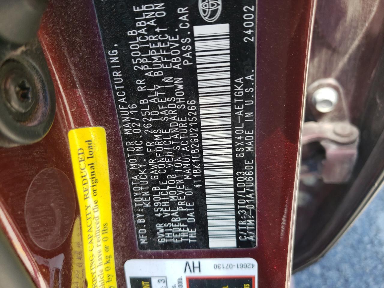 4T1BK1EB2GU215266 2016 Toyota Avalon Xle