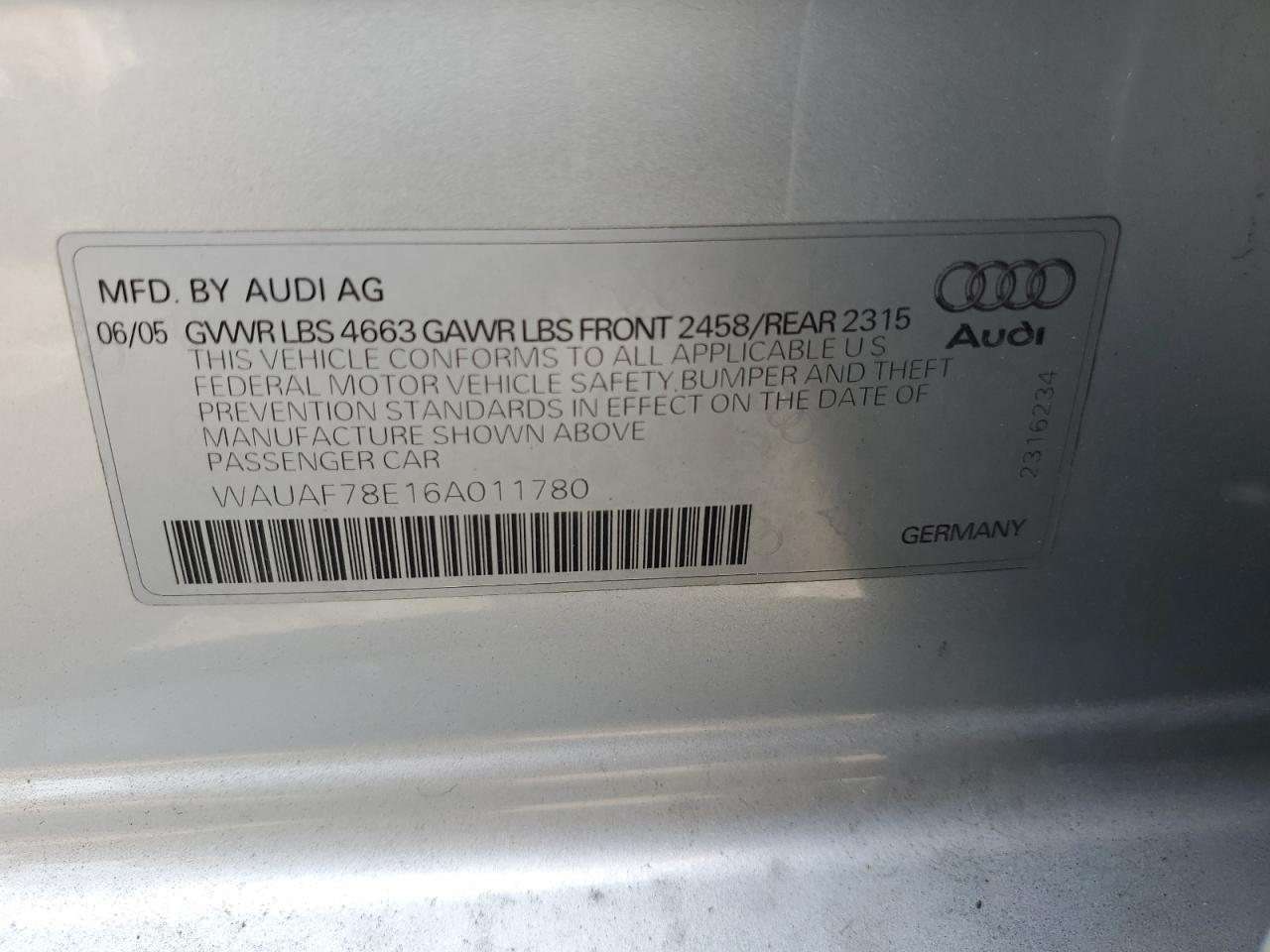 WAUAF78E16A011780 2006 Audi A4 2 Turbo