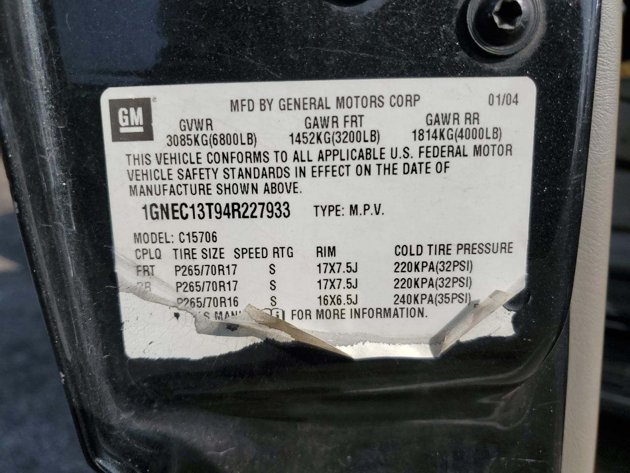 1GNEC13T94R227933 2004 Chevrolet Tahoe C1500