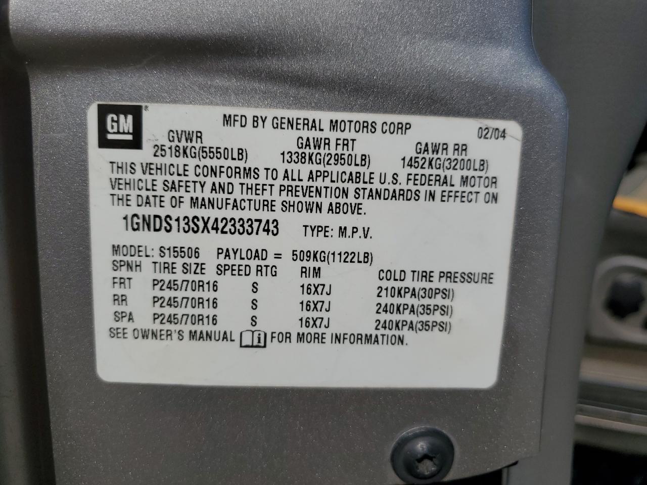 1GNDS13SX42333743 2004 Chevrolet Trailblazer Ls