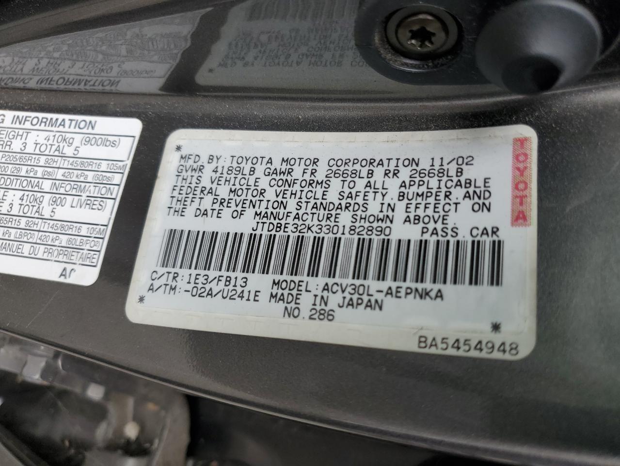 JTDBE32K330182890 2003 Toyota Camry Le