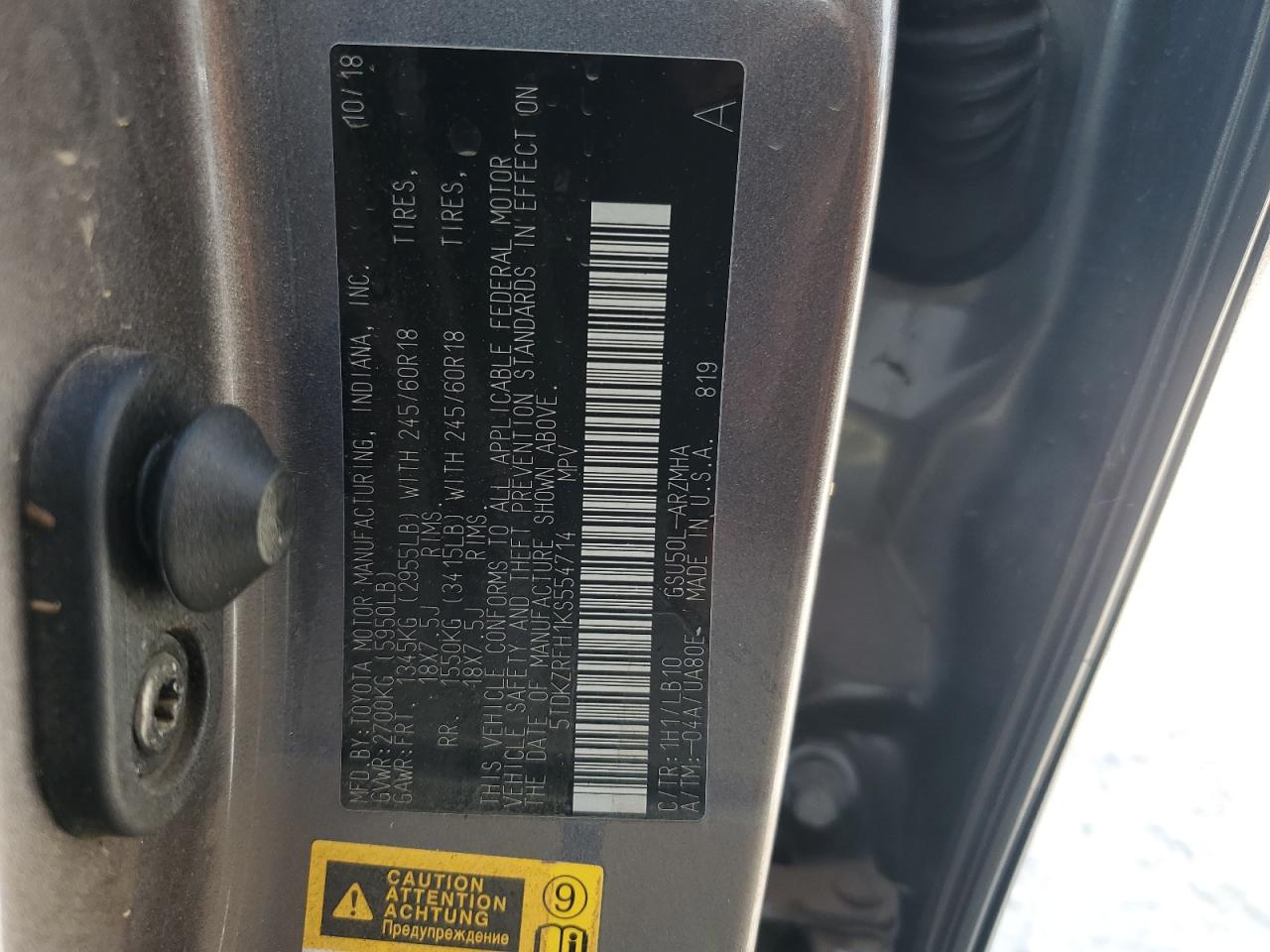 5TDKZRFH1KS554714 2019 Toyota Highlander Se