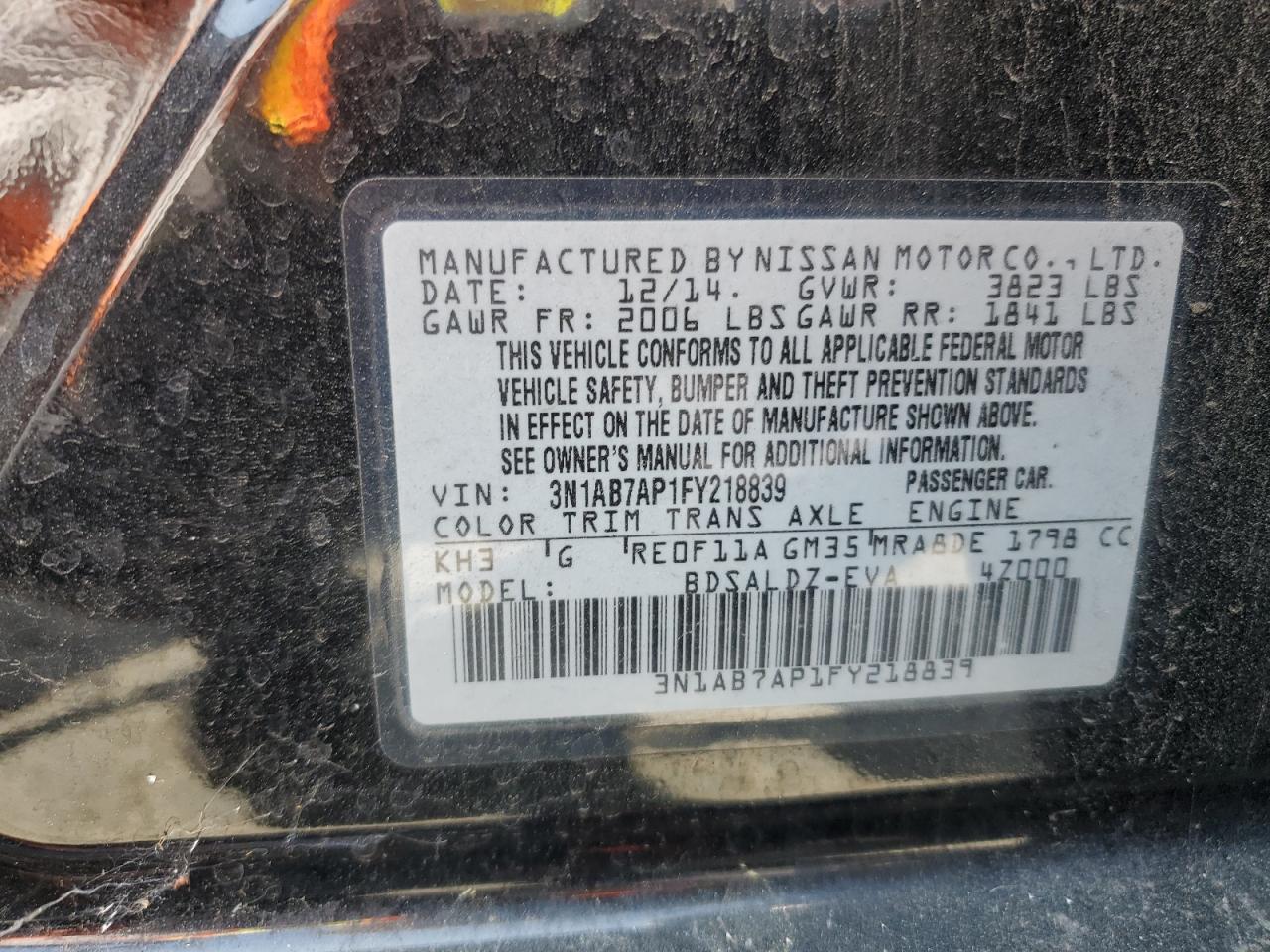3N1AB7AP1FY218839 2015 Nissan Sentra S