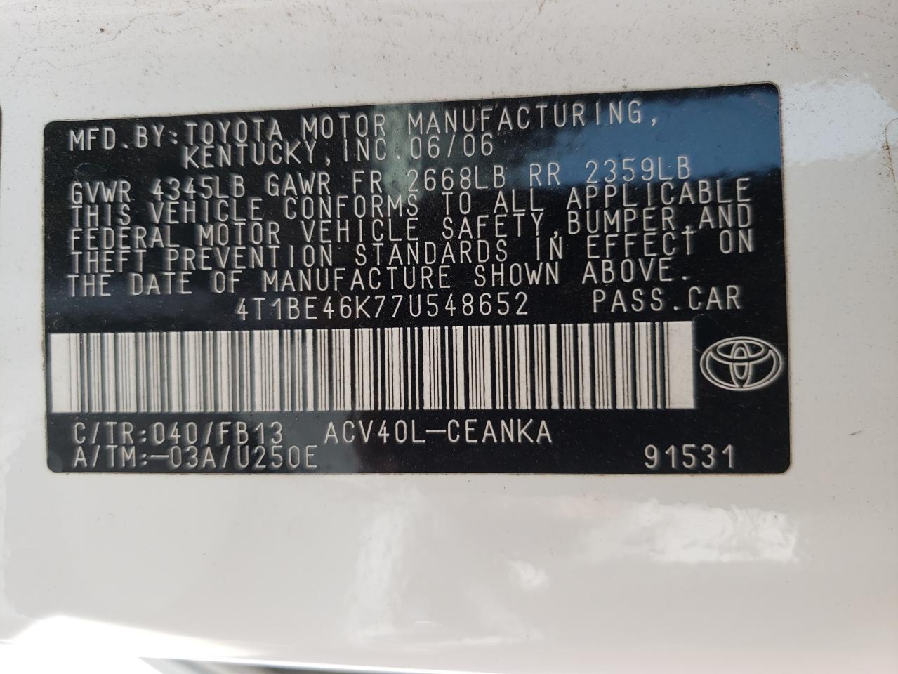 4T1BE46K77U548652 2007 Toyota Camry Ce