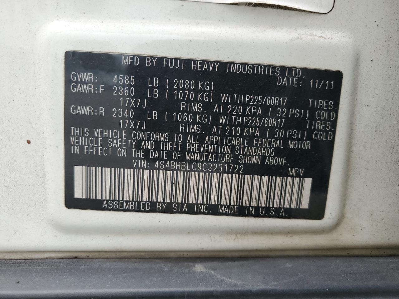 4S4BRBLC9C3231722 2012 Subaru Outback 2.5I Limited