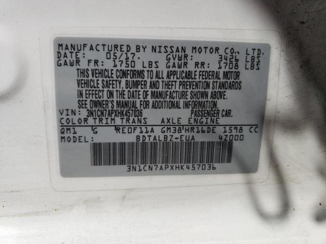 2017 Nissan Versa S VIN: 3N1CN7APXHK457036 Lot: 58903364