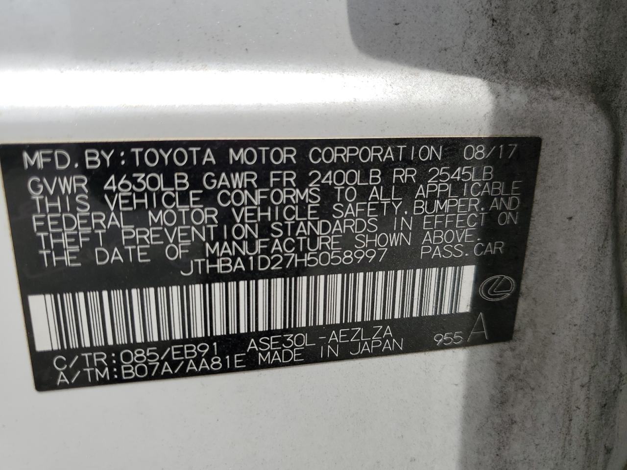 JTHBA1D27H5058997 2017 Lexus Is 200T