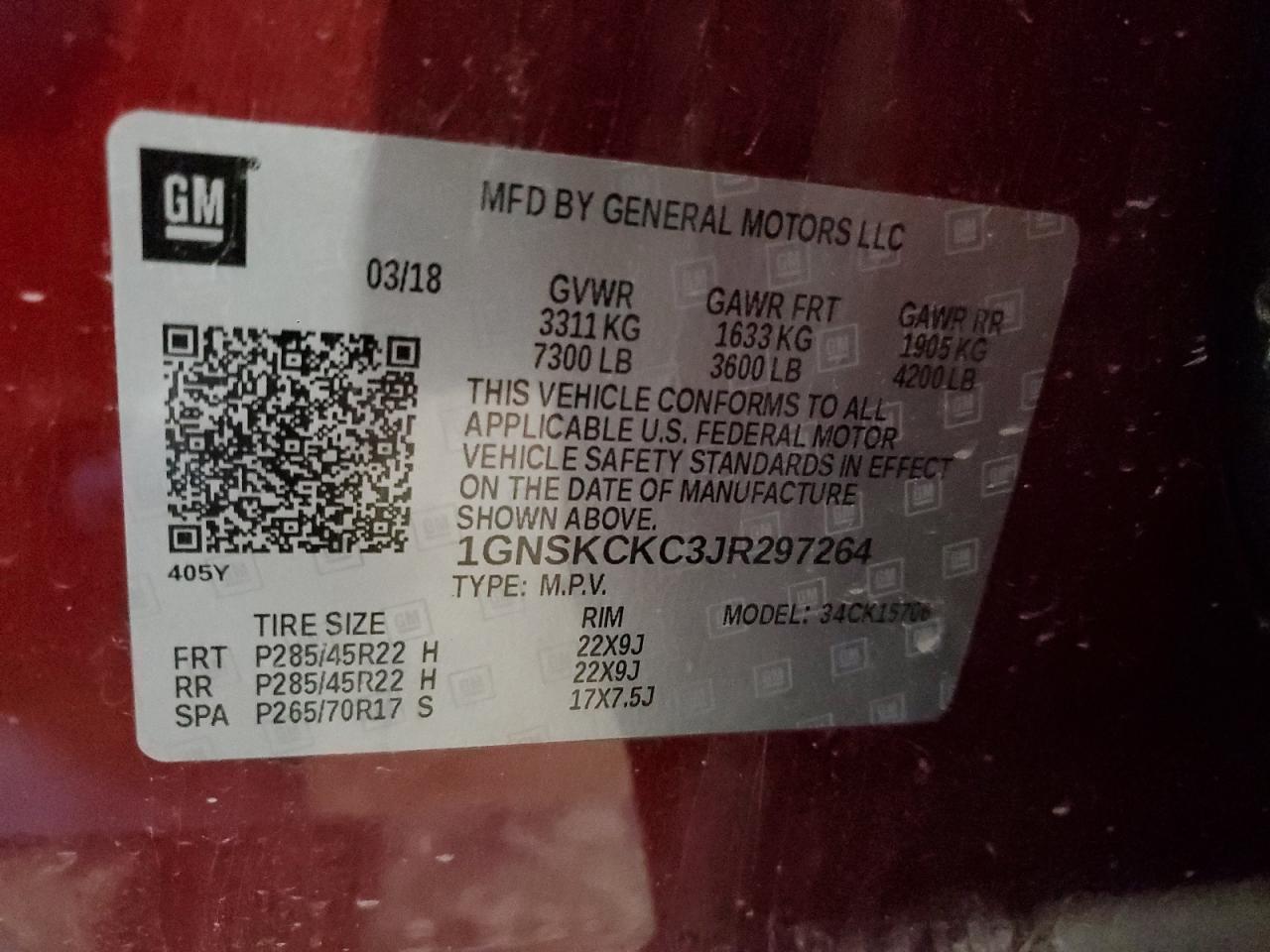 1GNSKCKC3JR297264 2018 Chevrolet Tahoe K1500 Premier