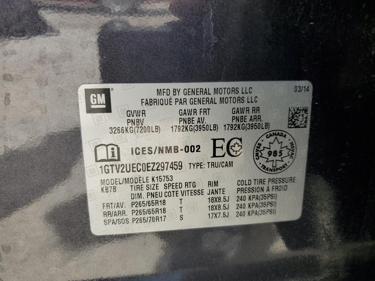 1GTV2UEC0EZ297459 2014 GMC Sierra K1500 Sle