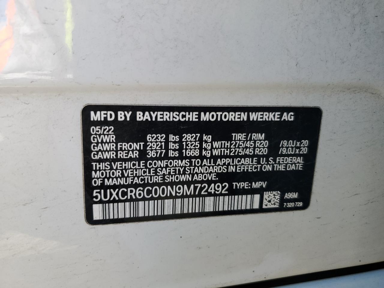 5UXCR6C00N9M72492 2022 BMW X5 xDrive40I