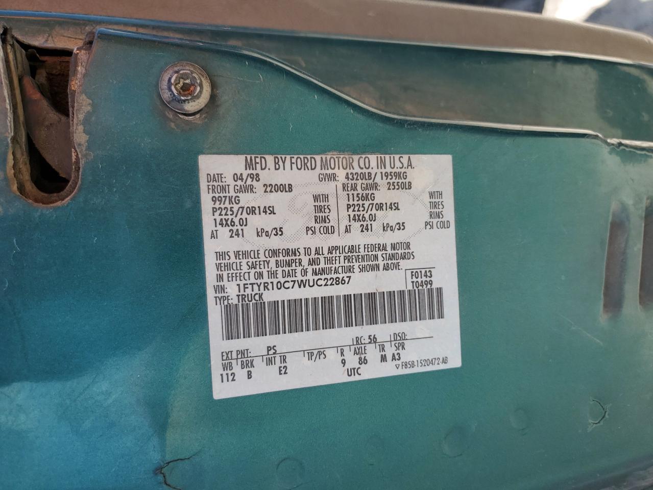 1FTYR10C7WUC22867 1998 Ford Ranger