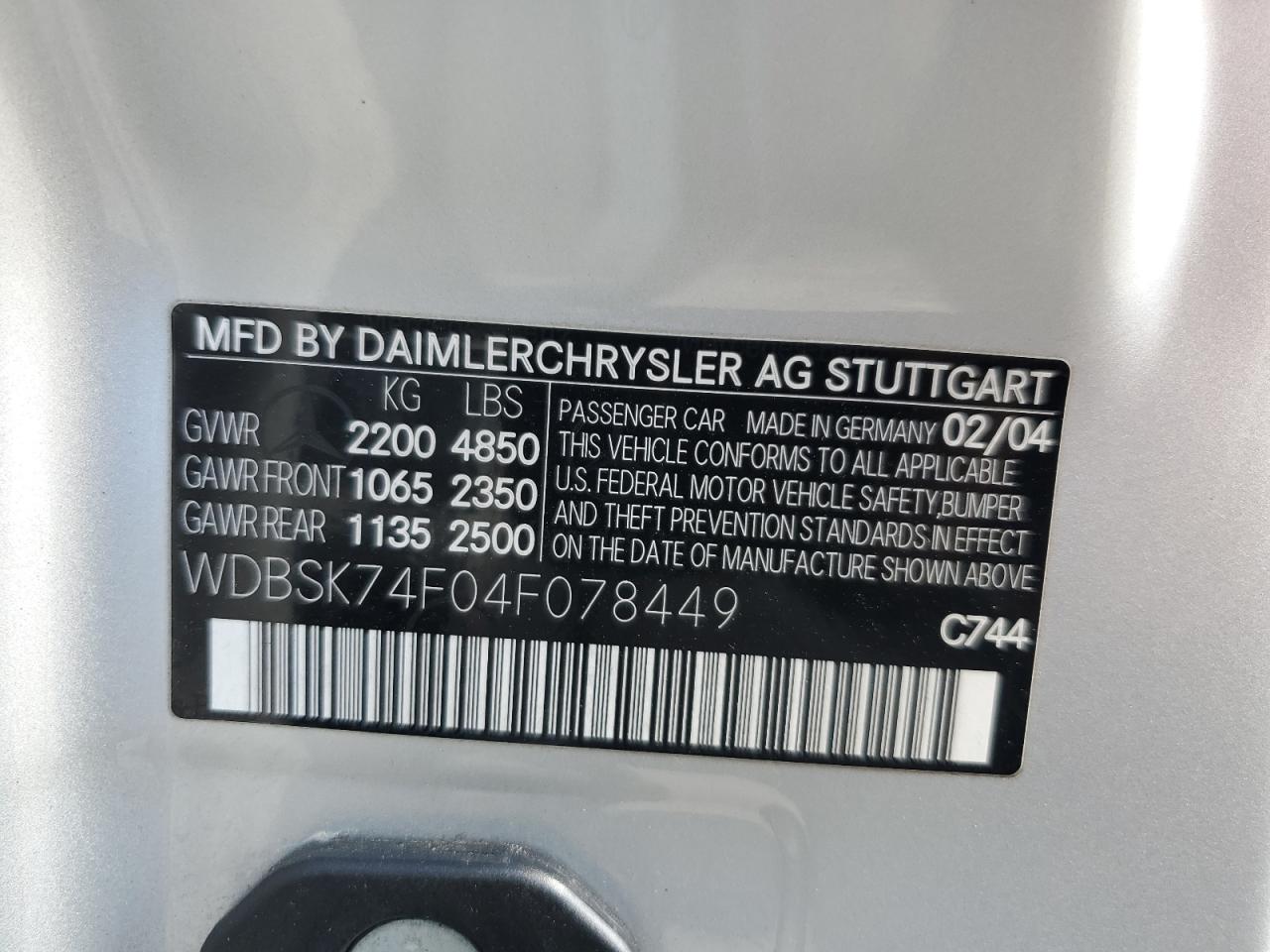 WDBSK74F04F078449 2004 Mercedes-Benz Sl 55 Amg