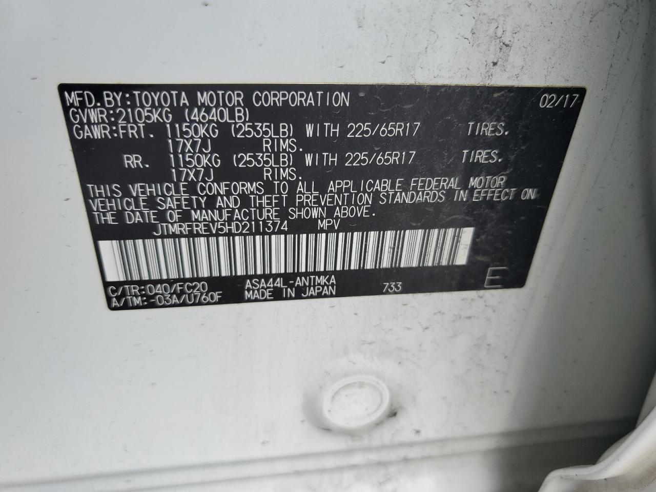 JTMRFREV5HD211374 2017 Toyota Rav4 Xle