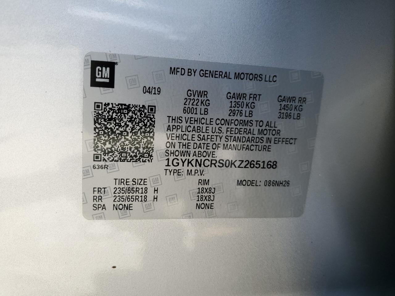 1GYKNCRS0KZ265168 2019 Cadillac Xt5 Luxury