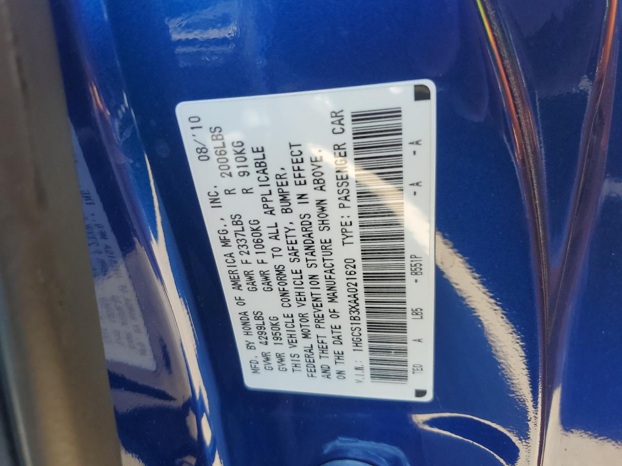 1HGCS1B3XAA021620 2010 Honda Accord Lx