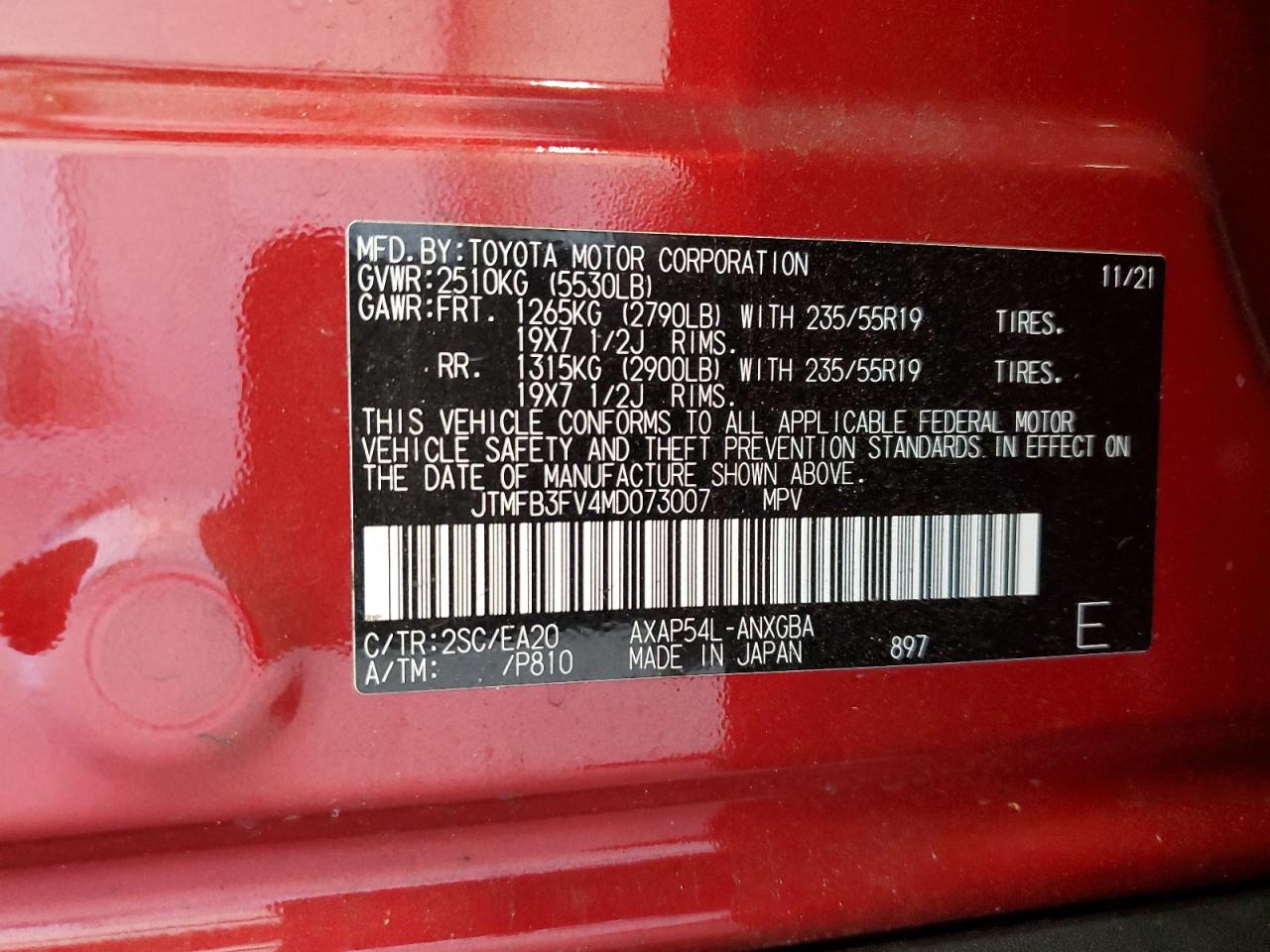 JTMFB3FV4MD073007 2021 Toyota Rav4 Prime Xse